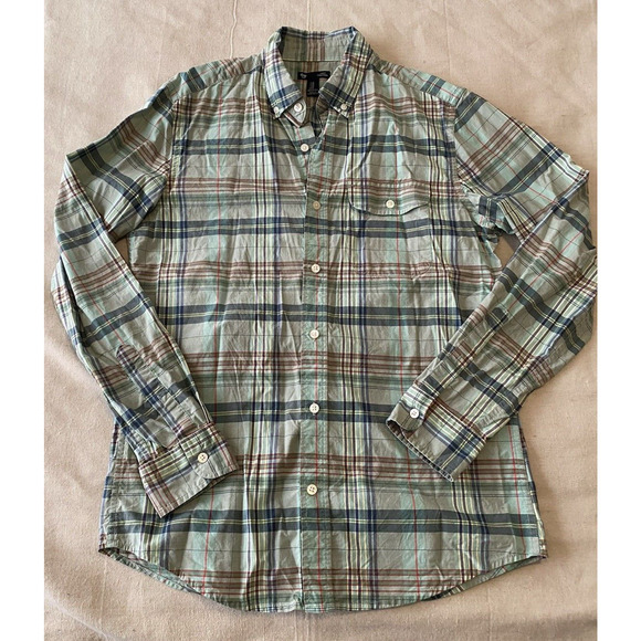 Gap Shirt Mens Size Medium Slim Fit Button Up Collared Green Plaid Casual Shirt - Picture 4 of 13
